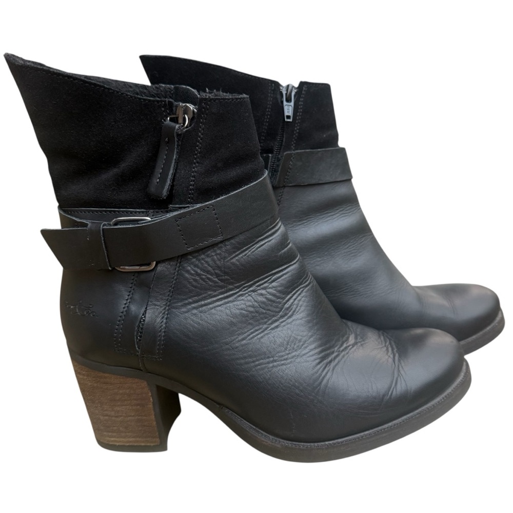 BOS & Co Black Leather Ankle Boots Fur Lined Heels Zip Sides Buckle EU 41 US 10
